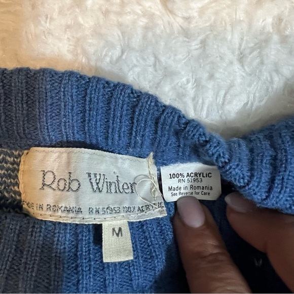 Vintage Rob Winter Mens MED SKi Nordic Crewneck Sweater Creme Blue - Picture 3 of 3